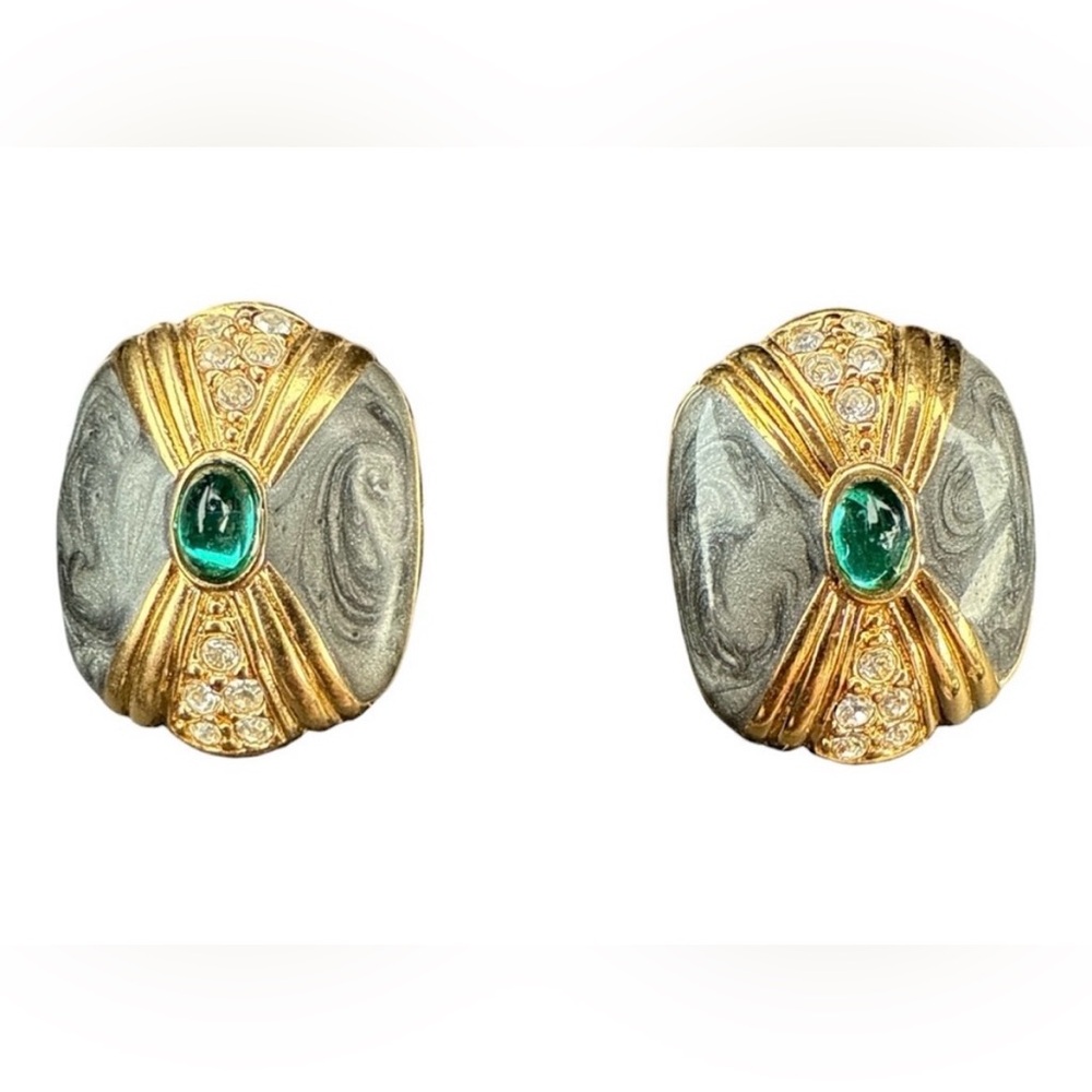 Vintage Kenneth Jay Lane for Avon Green Glass Cabochon Earrings - Picture 2 of 7